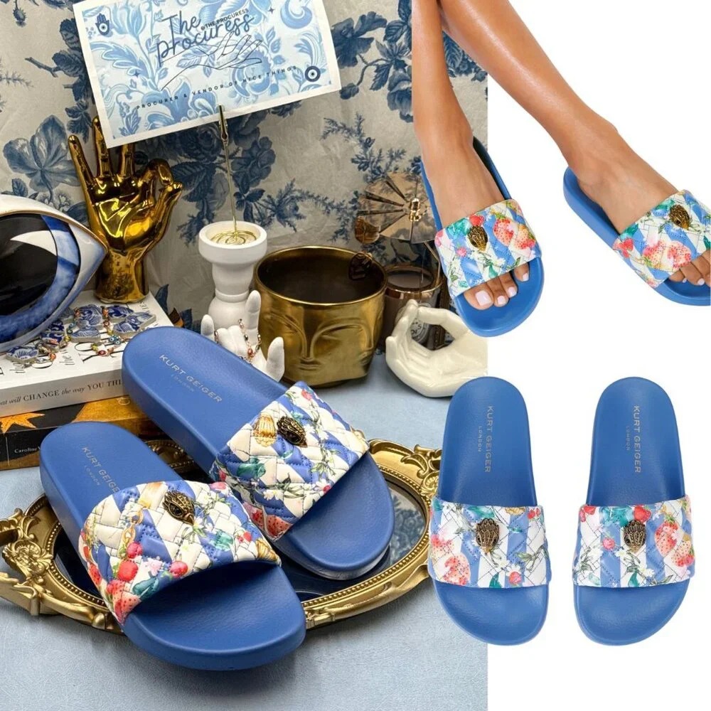 🆕 KURT GEIGER LONDON 🧿 NWOT Meena Eagle Blue Botanica Pool Slide, Sz 40 US 9